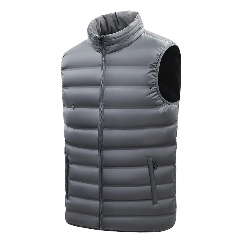 Men's thin cotton-padded vest with stand-up collar, zipper pockets, straight hem, available in black and other colours