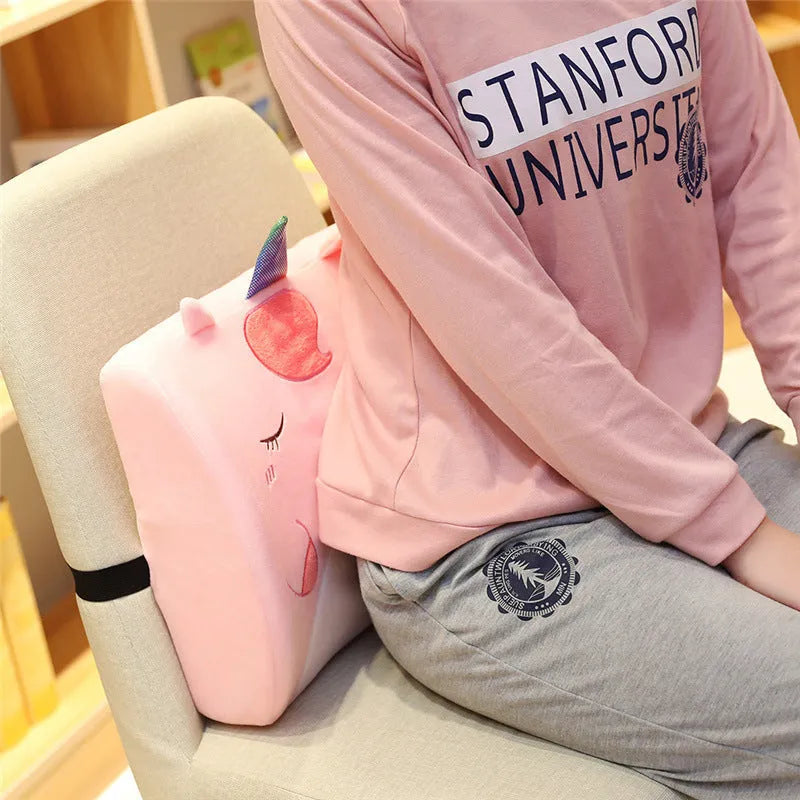 Cartoon memory foam seat back cushion with removable cover, shown in Pink Unicorn design.