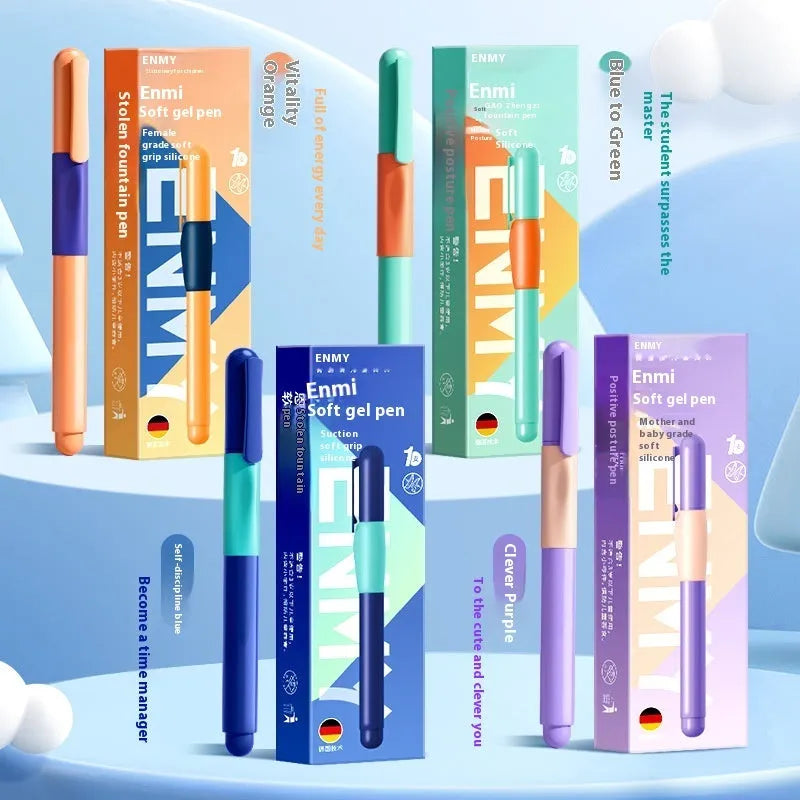 A student posture correction pen in a box, showing colour options: blue, blue-green, purple, and orange.
