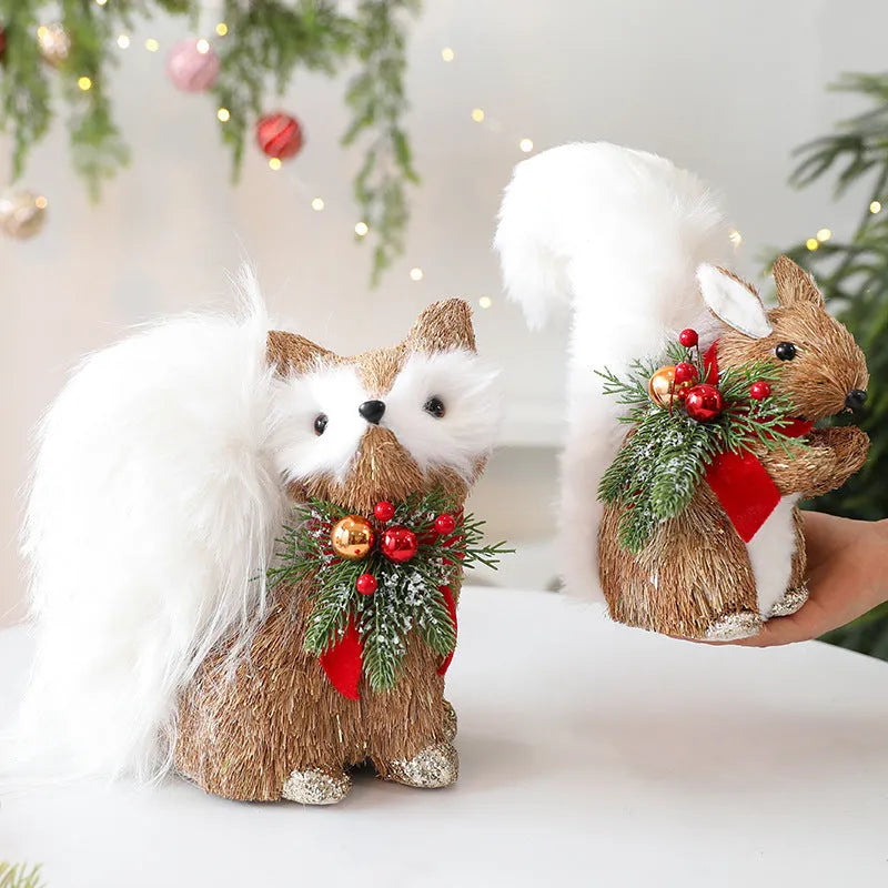 Straw Christmas ornament in deer design with natural straw texture and foam core for rustic holiday tabletop display