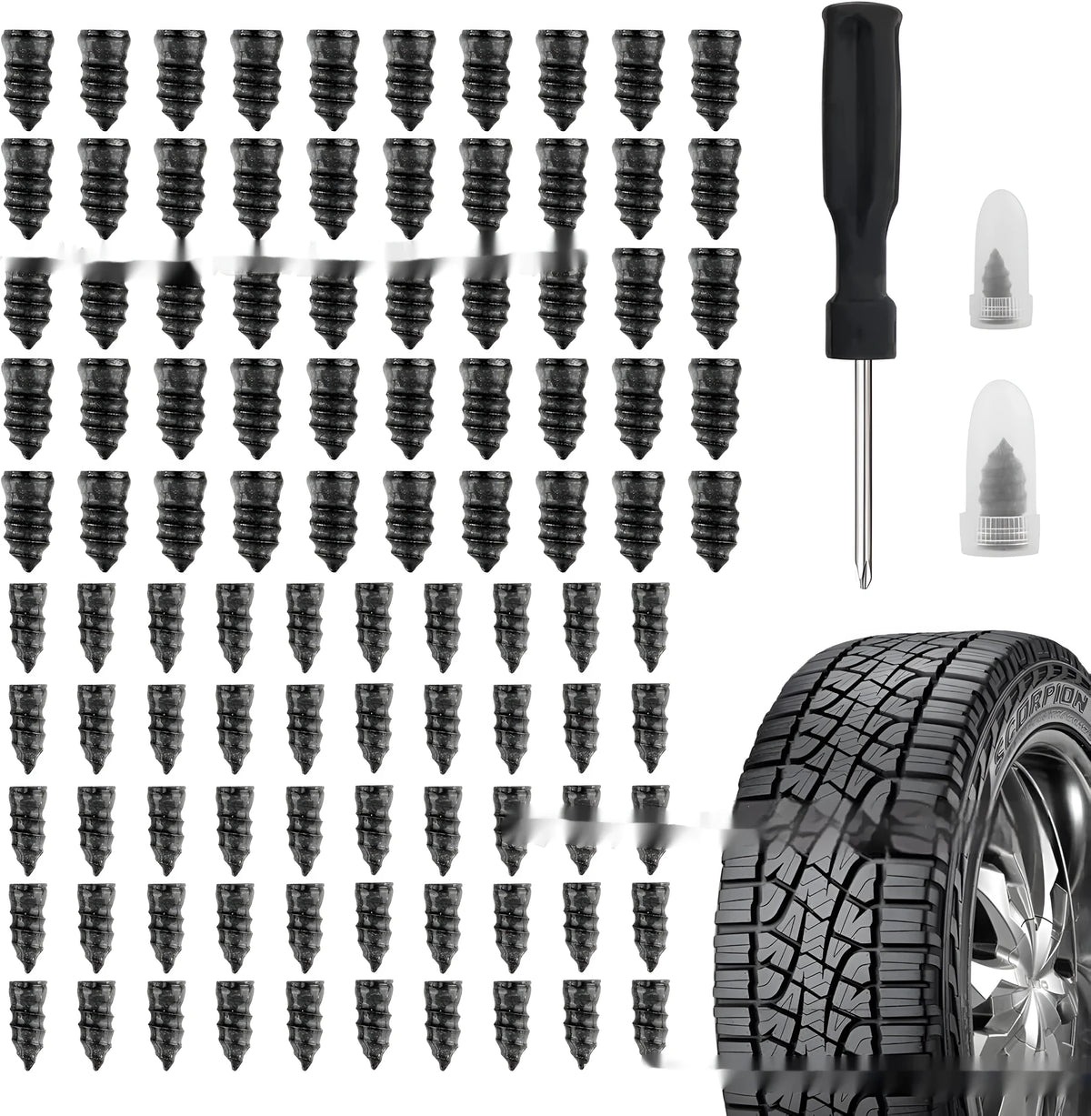 Rubber tyre repair screws, small 5.3x11.7mm and large 6.8x12.7mm, with black screwdriver, 50 large and 50 small.