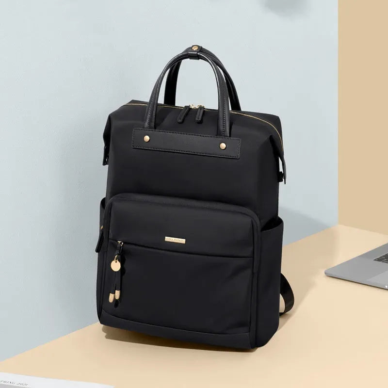 Women's large synthetic leather backpack in apricot, shown with adjustable straps and fabric lining.