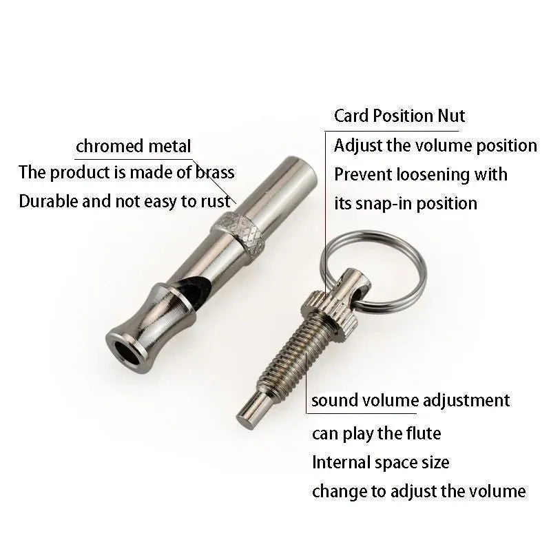 Metallic adjustable ultrasonic dog whistle with brass electroplated nickel construction