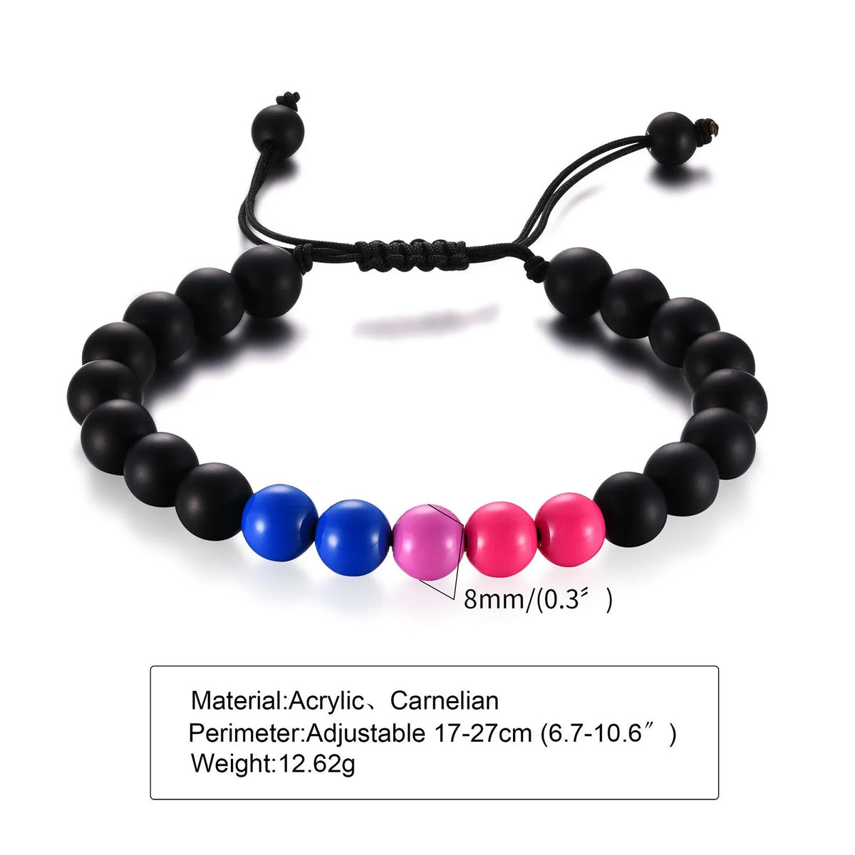 Polished black agate beaded bracelet with 8mm beads, unisex style, on a neutral background.