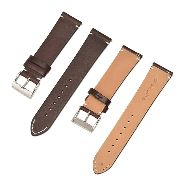 Leather watch strap with stainless steel pin buckle, 2mm thick, available in black, dark brown, light brown, and yellow