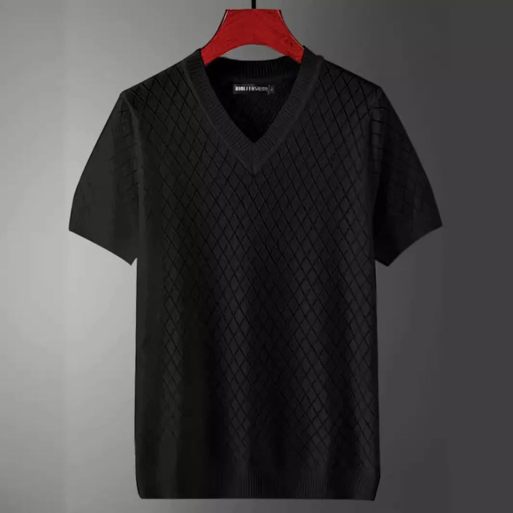 Men's white and black ice silk short sleeve t-shirt with V-neck or round neck option