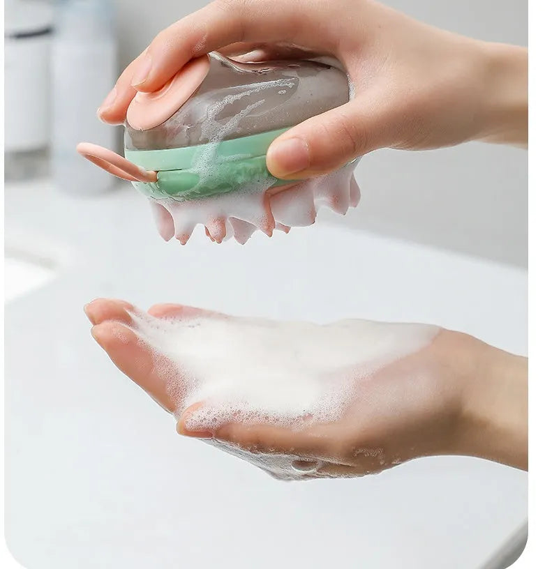 Blue 2-in-1 pet grooming brush with shampoo dispenser for bathing cats and dogs