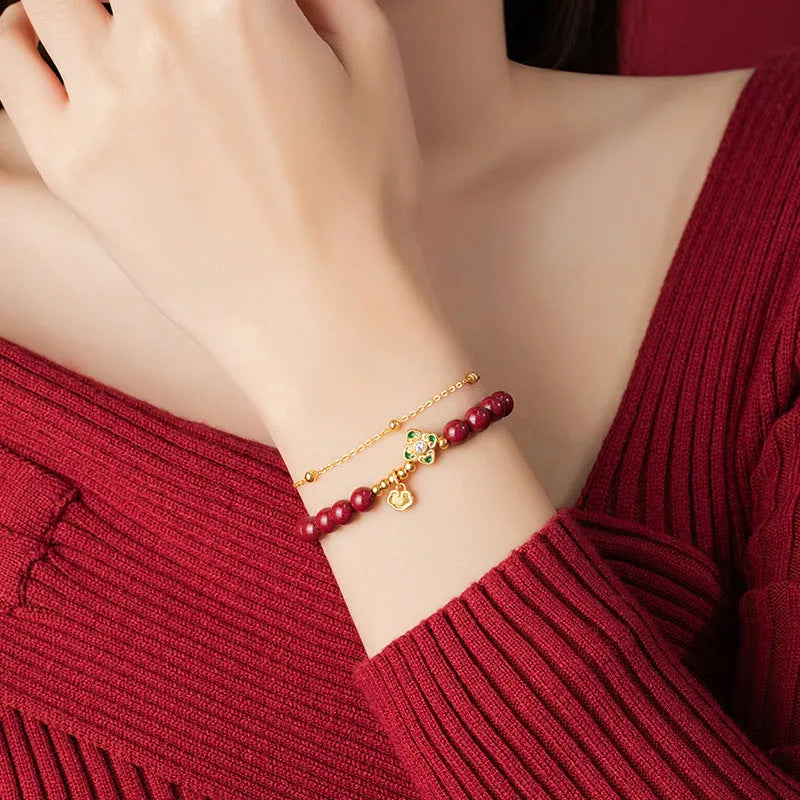 Women's geometric sterling silver bracelet with traditional Chinese Ruyi and Xiangyun symbols