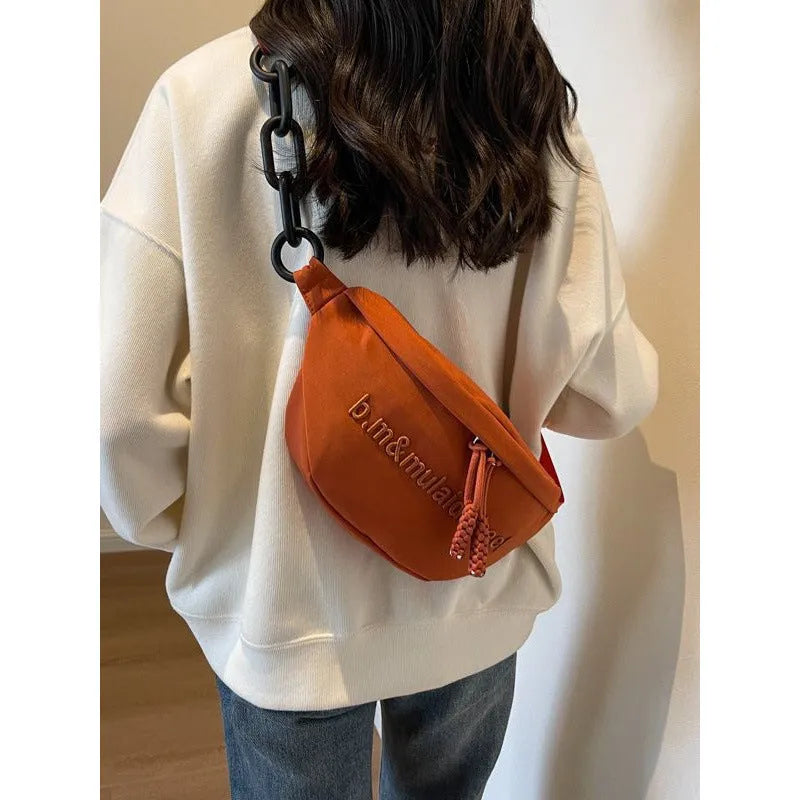 Women's soft nylon shoulder bag with embroidery letter and chain detail, Urban Simplicity style, available in multiple colours