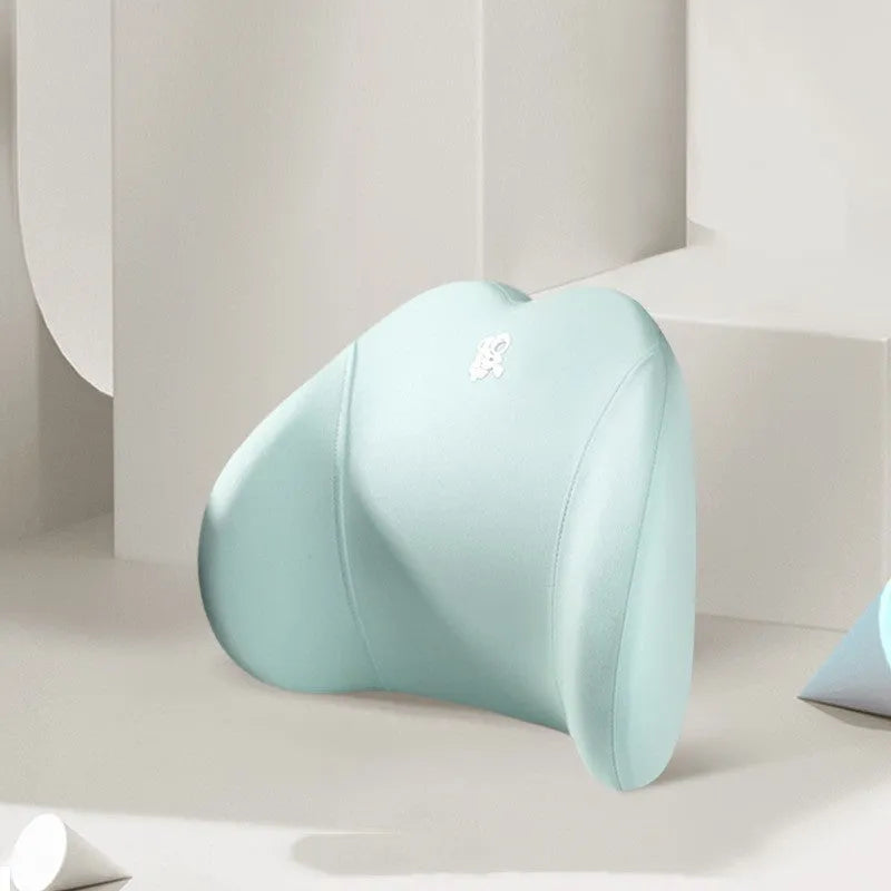 Car pillow set with heart-shaped memory foam headrest and matching lumbar support pillow in cotton cover