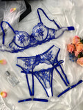 Sapphire blue women's see-through cutout underwear set with matching thong and garters
