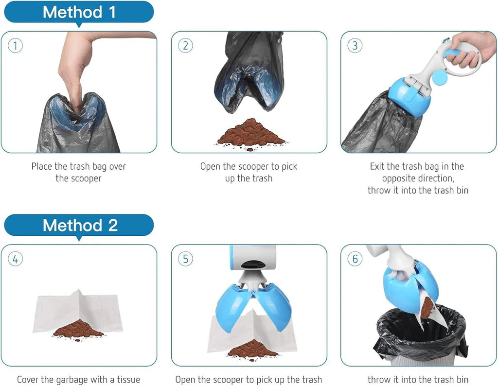 Black ABS plastic pet pooper scooper with integrated trash bag holder and carrying hook.