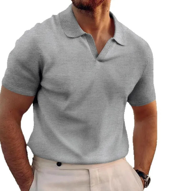 Men's slim-fit lapel collar T-shirt with a heavy waffle texture, shown in a solid colour.