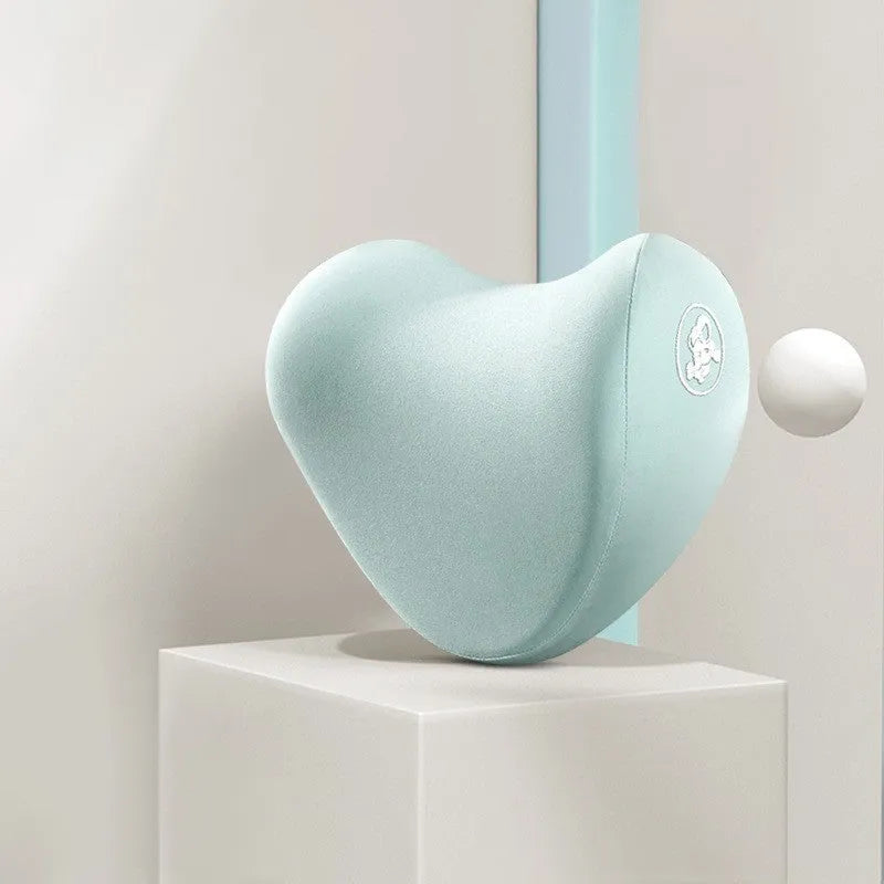 Car pillow set with heart-shaped memory foam headrest and matching lumbar support pillow in cotton cover