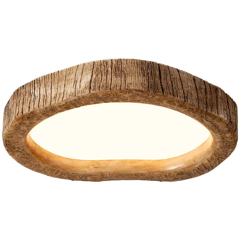 Wood grain finish Chinese style ceiling lamp in a bedroom setting.