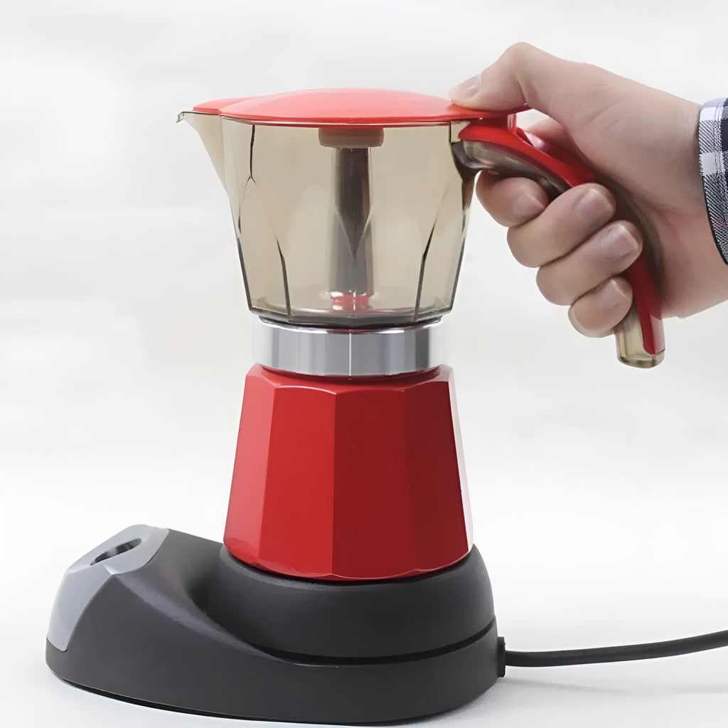 Octagonal electric aluminium Moka pot coffee maker in silver colour with EU plug