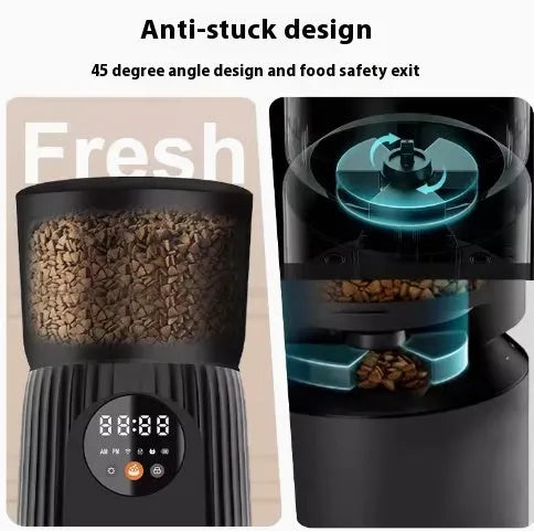 Black automatic pet feeder with digital LCD screen and large food container.