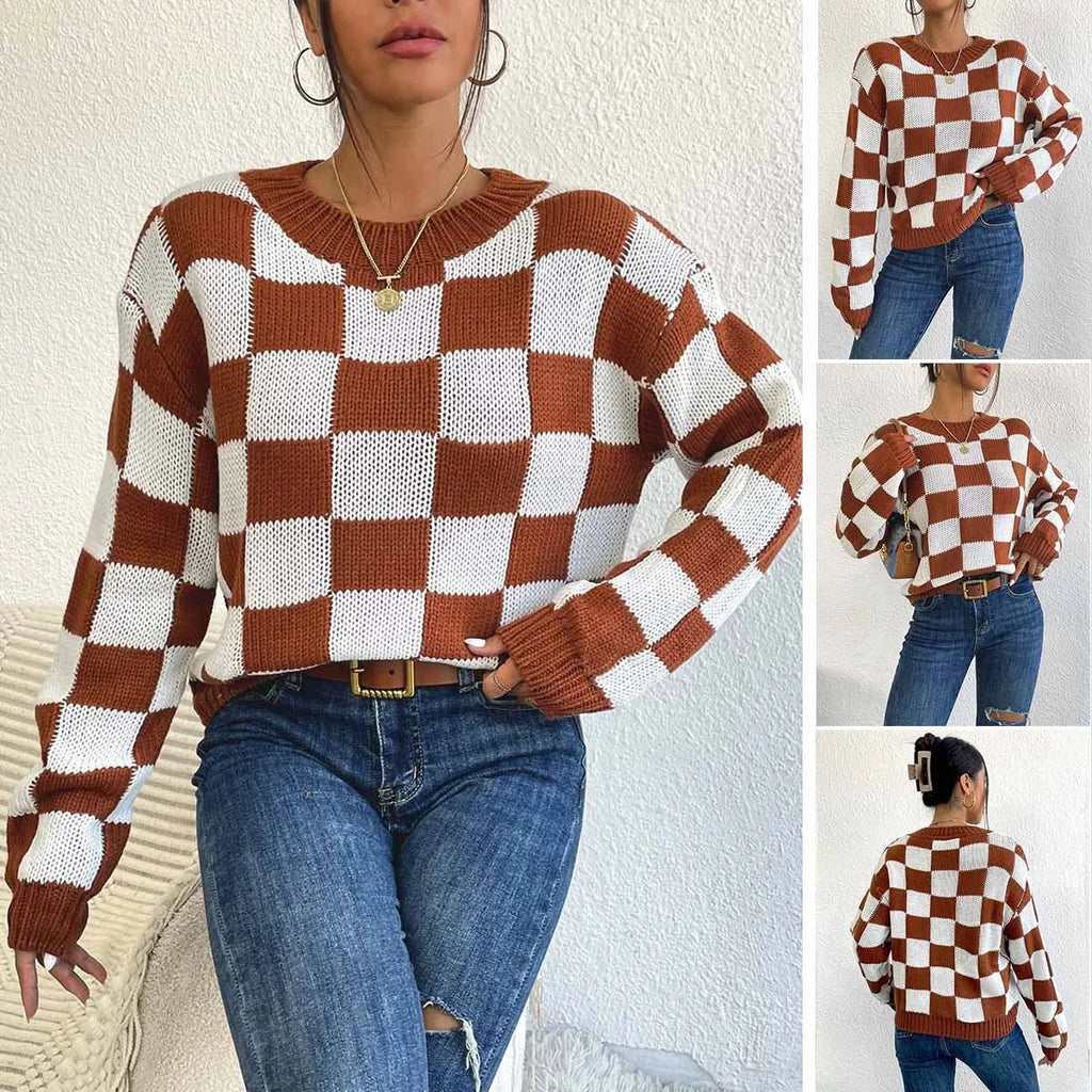 Dark brown loose-fit pullover sweater with a plaid chessboard pattern and long sleeves.