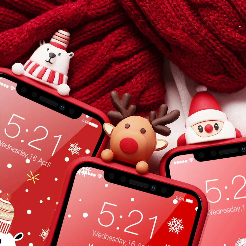 Christmas phone case in soft TPU with Santa Claus, Elk, or Snowman design and ball detail, back cover for iPhone.