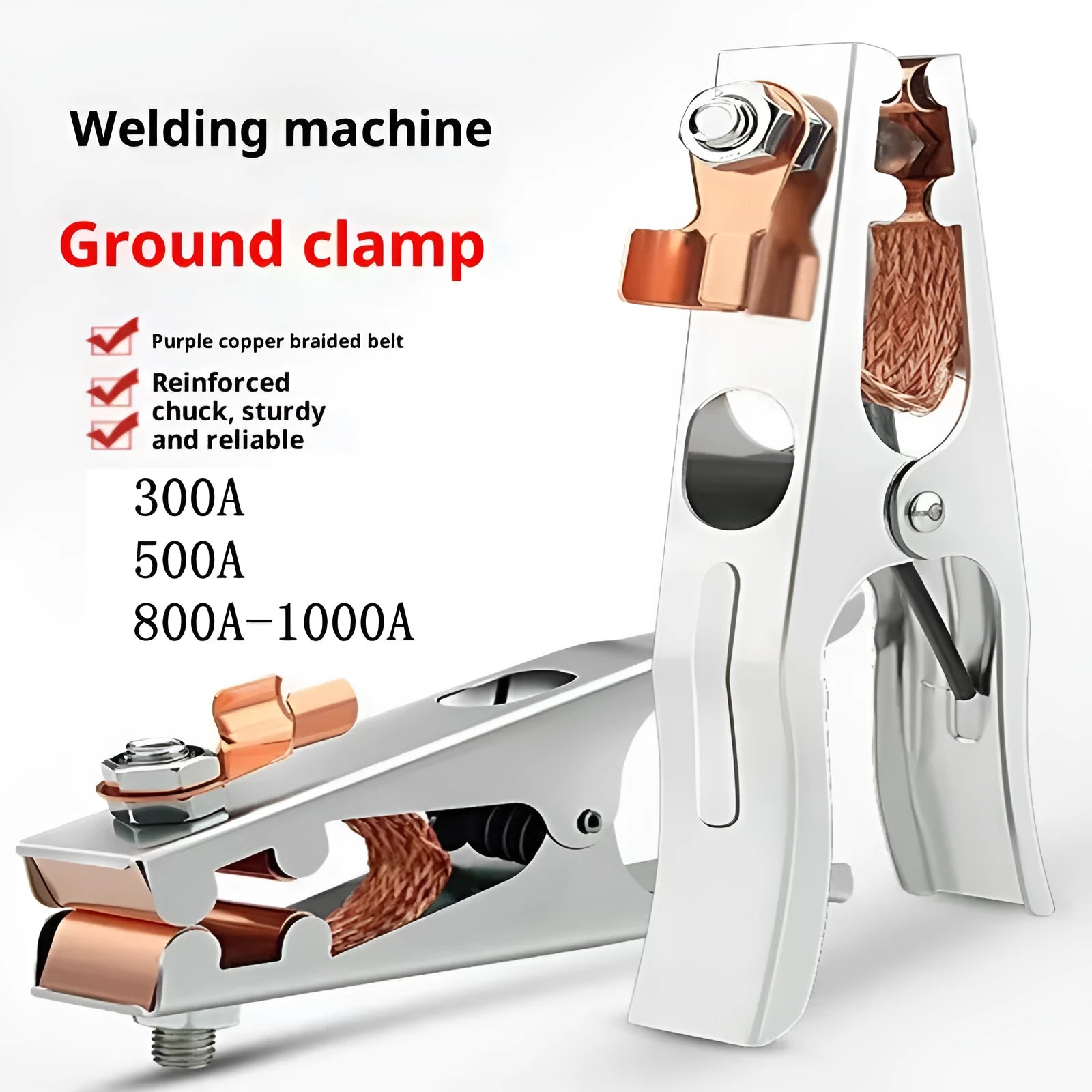Ground copper ribbon welding iron wire clip with adjustable length, available in 300A to 1000A ratings