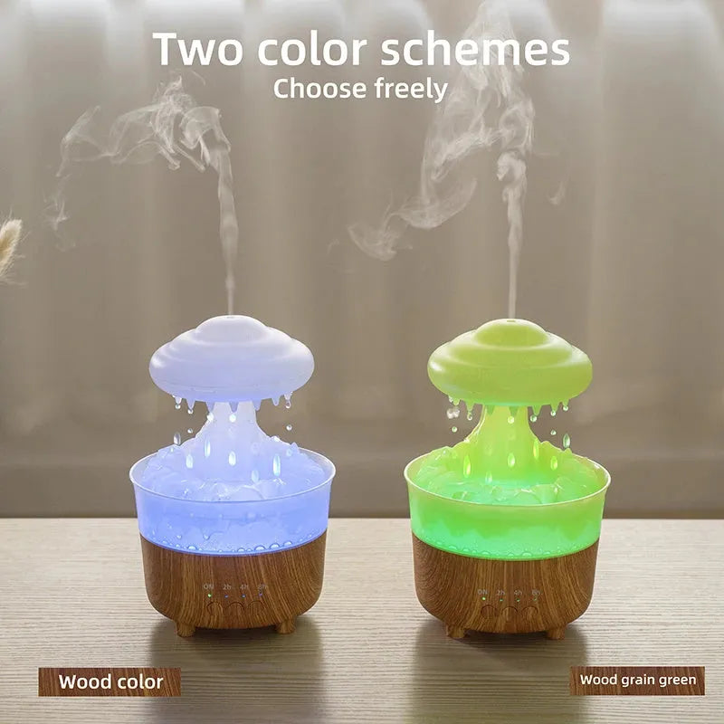 Wood grain rain cloud shaped ultrasonic humidifier and essential oil diffuser with coloured LED lights.