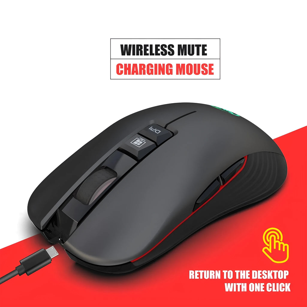 Black wireless ergonomic gaming mouse with colourful breathing light and adjustable DPI settings on a desk.