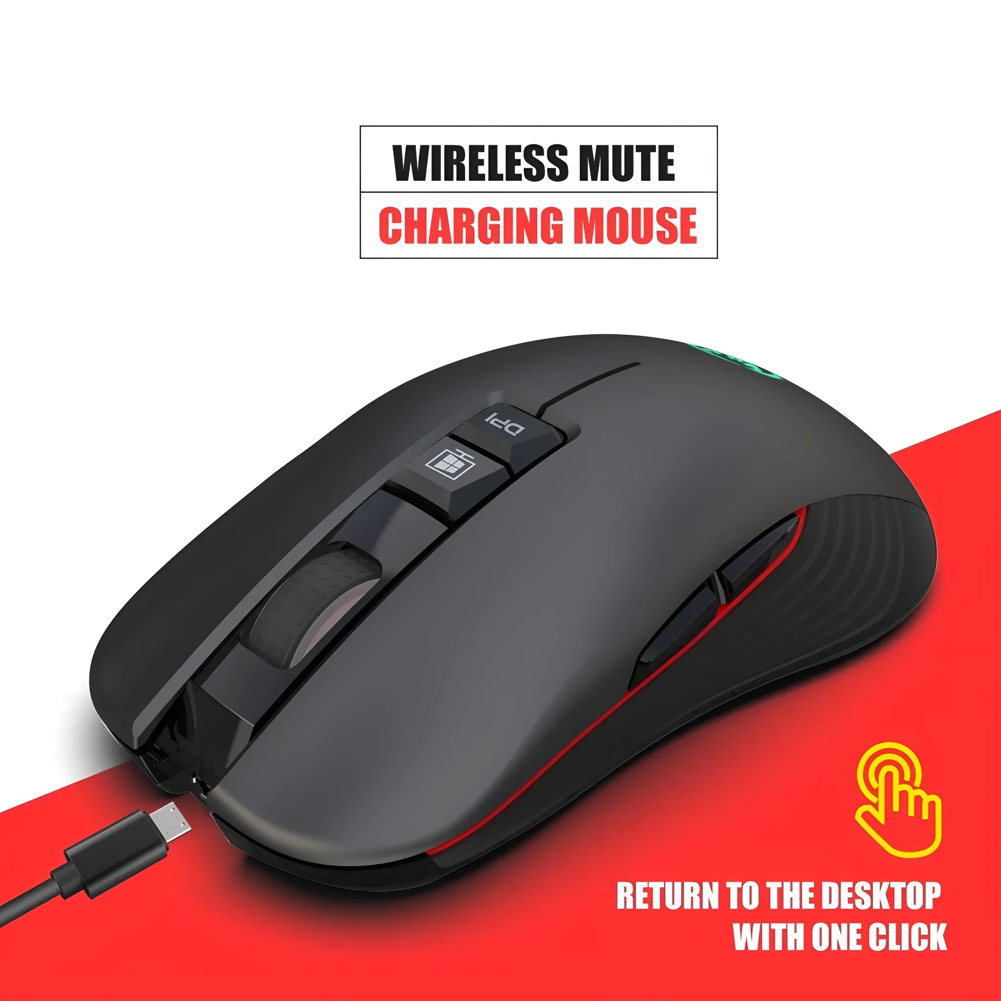 Black wireless ergonomic gaming mouse with colourful breathing light and adjustable DPI settings on a desk.