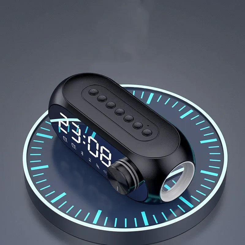 S8 Black extra bass portable mini bluetooth speaker with digital clock display on front.