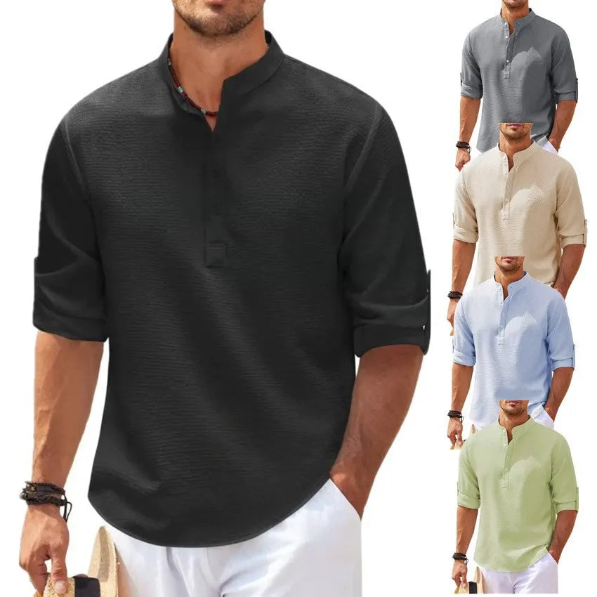 Men's stand collar pullover shirt with pineapple texture in polyester fabric, loose fit, available in multiple colours