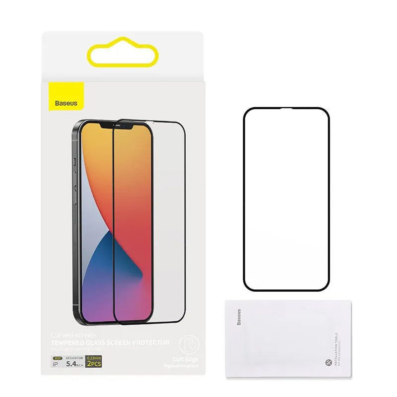 0.23mm curved tempered glass film for iPhone 12 mini in solid black, with non-broken edge and full-screen coverage.