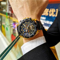 Men's automatic mechanical watch showing various colour options including black steel case and silver case with white dial.