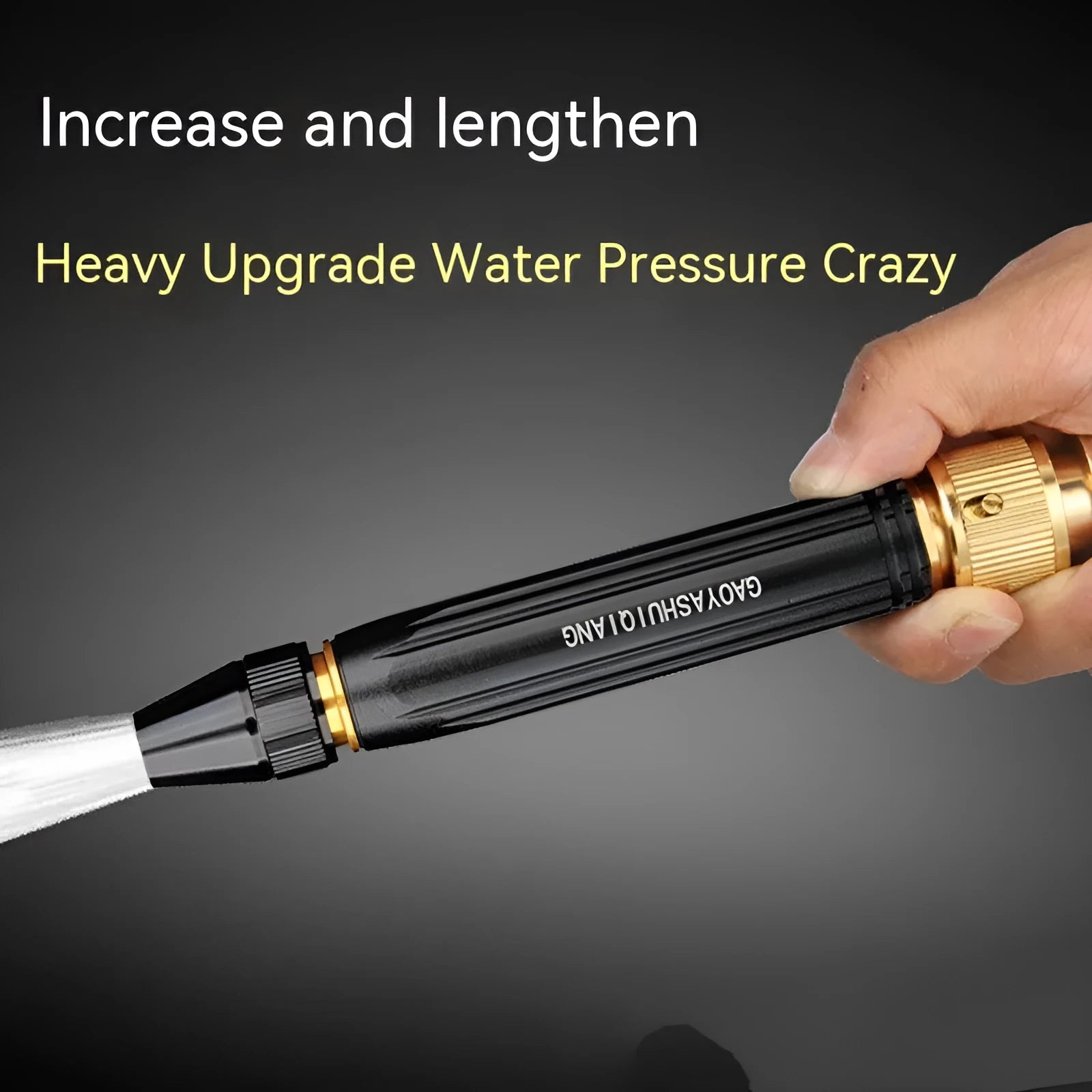 Black diamond finish car washing gun with alloy body and straight spray nozzle, 17.7cm long.