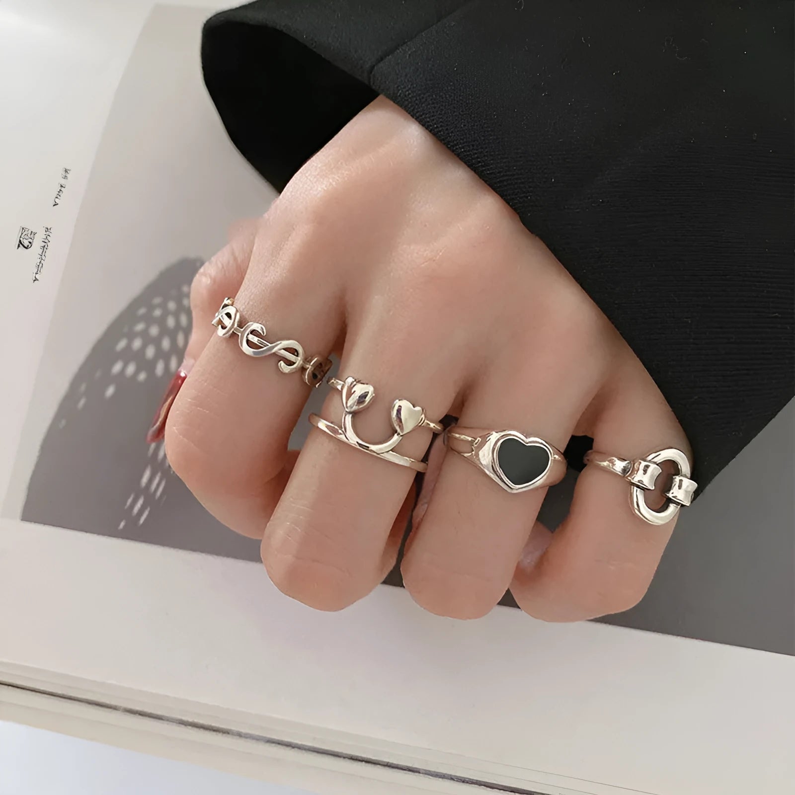 Silver plated peach heart dollar smiling face adjustable ring for women