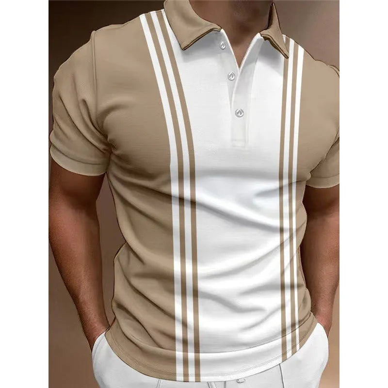 Men's blue casual t-shirt with a three-button lapel collar and short sleeves on a grey background.