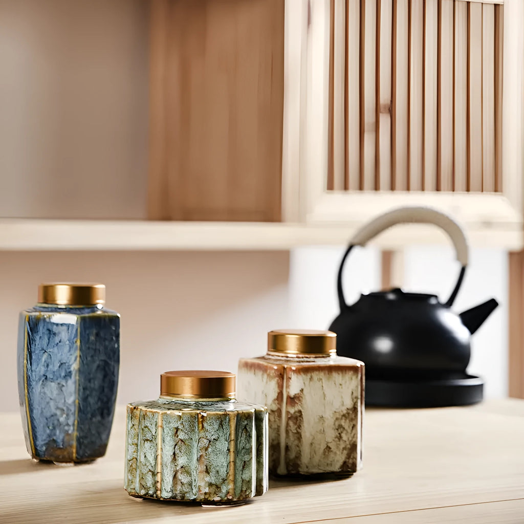 Ceramic tea pot lotus leaf kiln transmutation tea caddy with coloured glaze in celadon colour