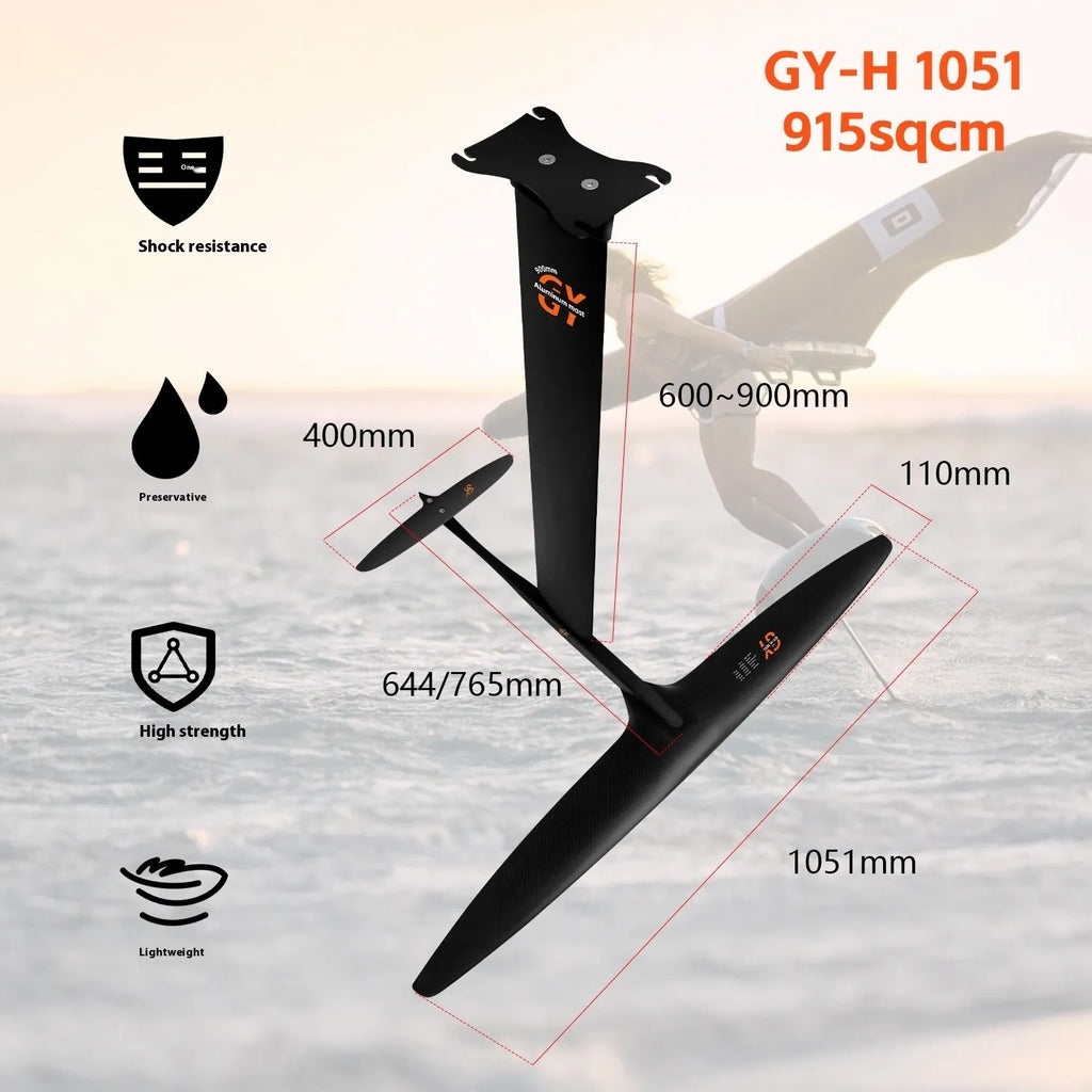 Black carbon fibre racing surfboard hydrofoil with 1051mm front wing for unpowered surfing