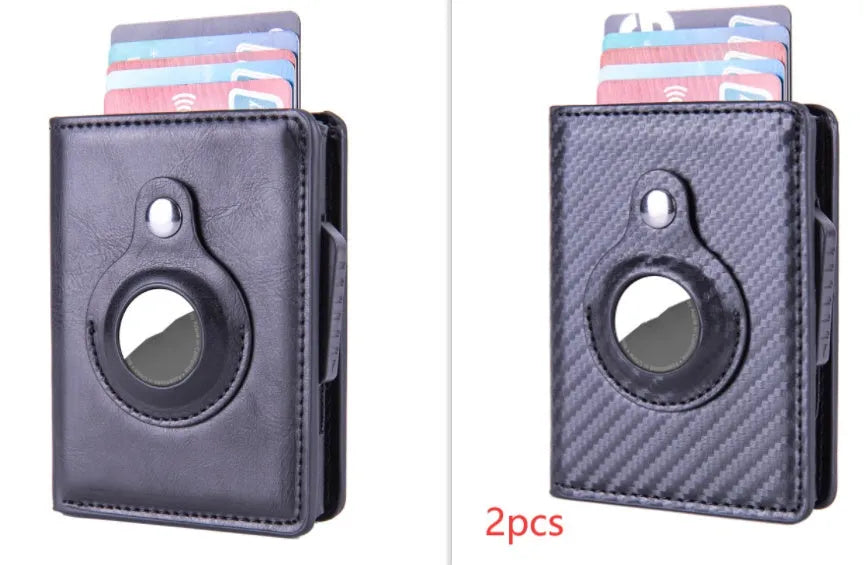 Automatic PU leather card wallet in Crazy Horse finish with anti-lost feature, card slots, and slim profile