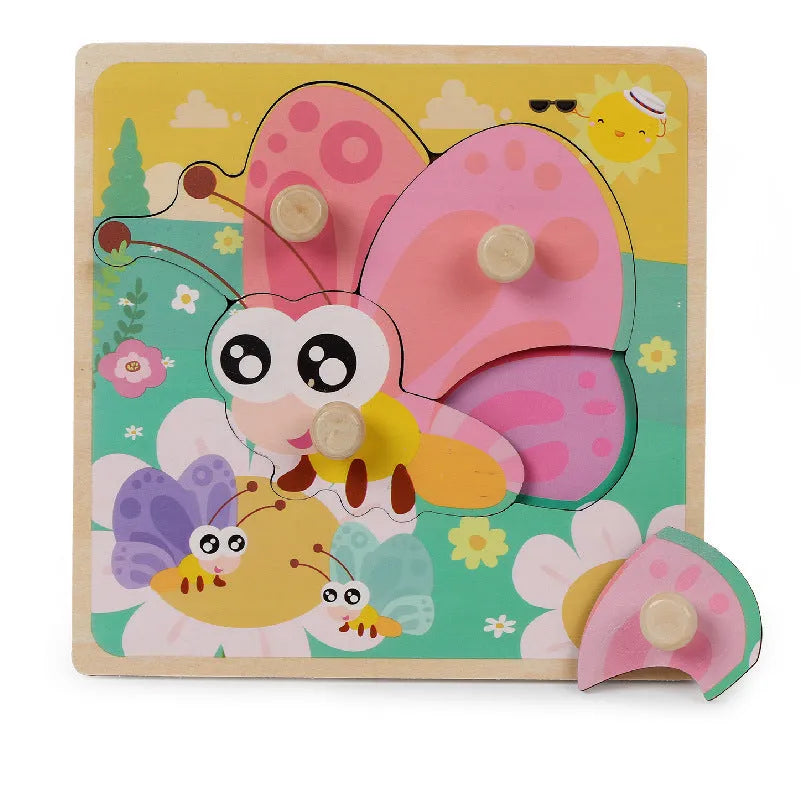 Wooden dowel pin puzzle board toy for ages 4-6 with hand-holding pieces and animal illustration