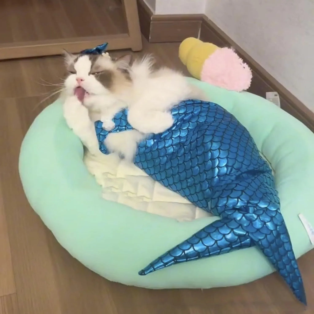 Blue mermaid costume with scale design on a cat, showing elastic fit and long fish tail.