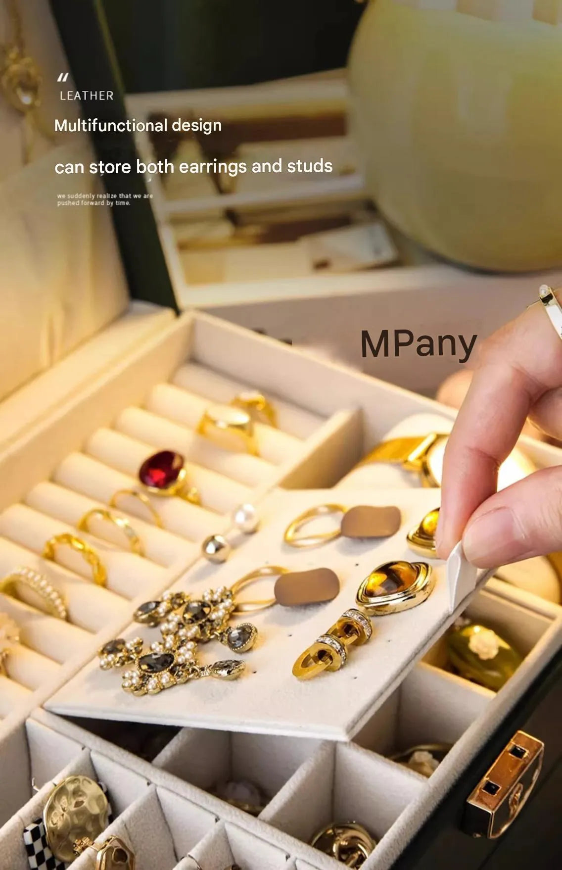 Leather jewellery storage box with three drawers open showing removable dividers and satin lining in four colour options