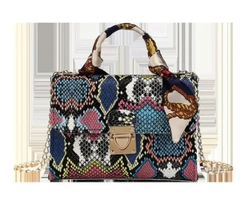 Snake print PU small square handbag, medium 18.5cm x 7.5cm x 13cm, in yellow, purple, green, blue or orange