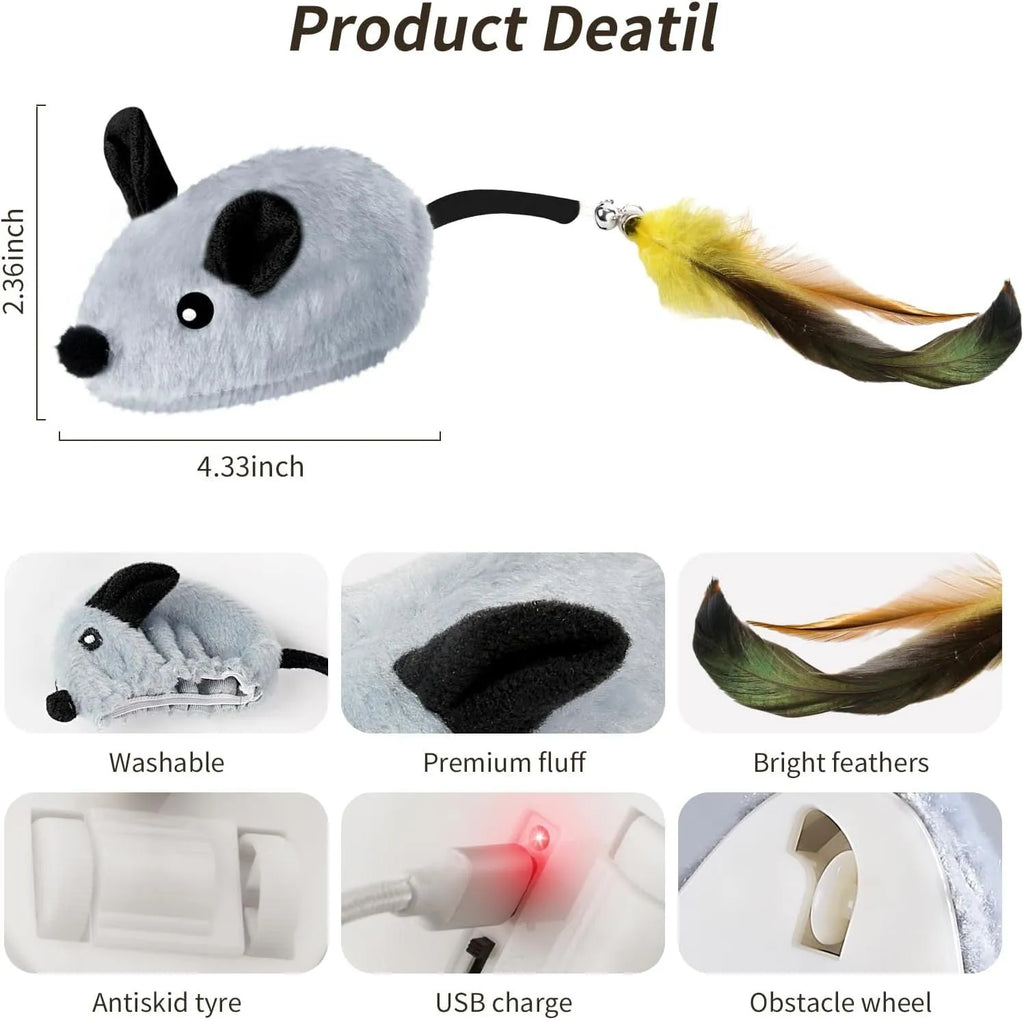 Grey and yellow plush electronic cat toy mouse with feather tail and LED lights