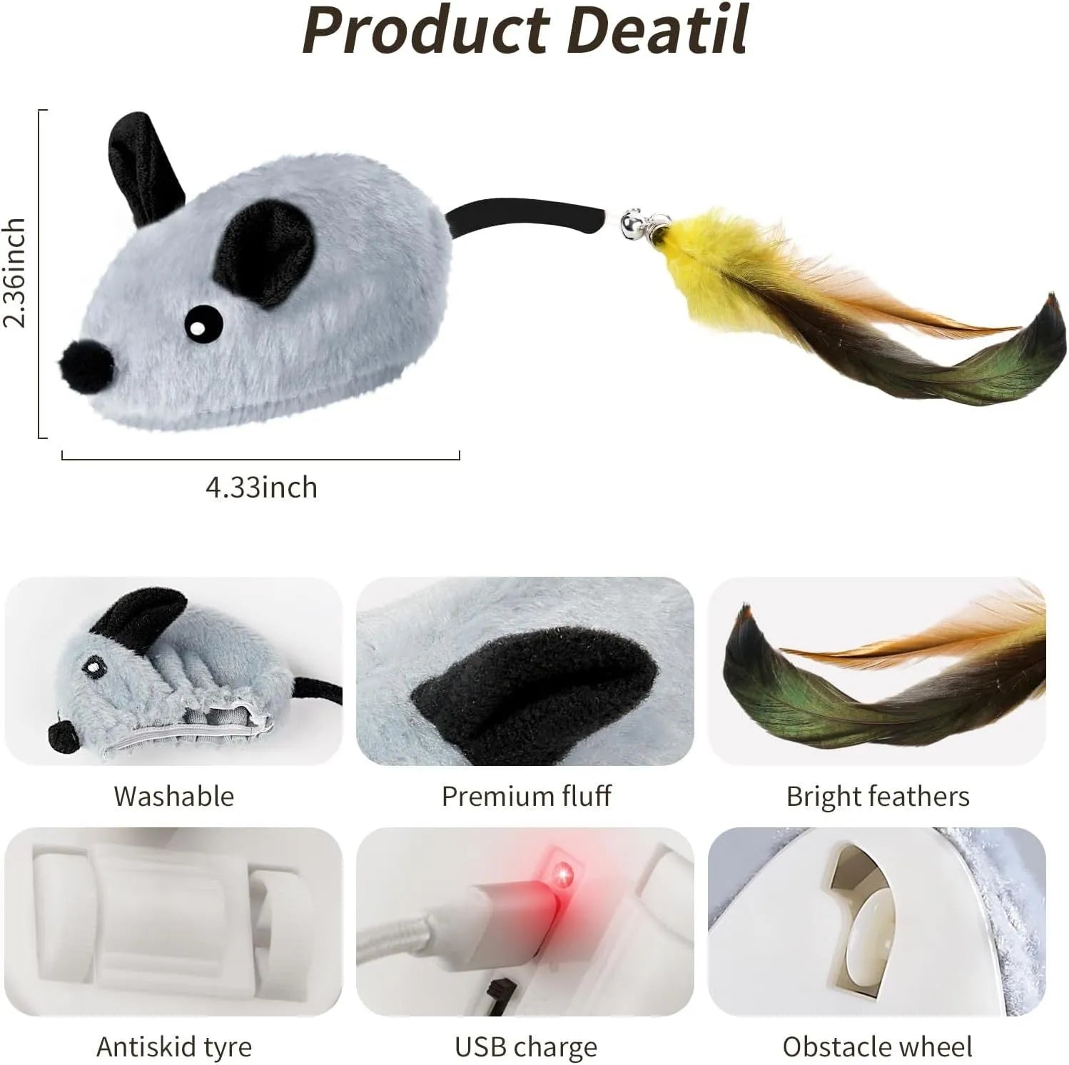 Grey and yellow plush electronic cat toy mouse with feather tail and LED lights