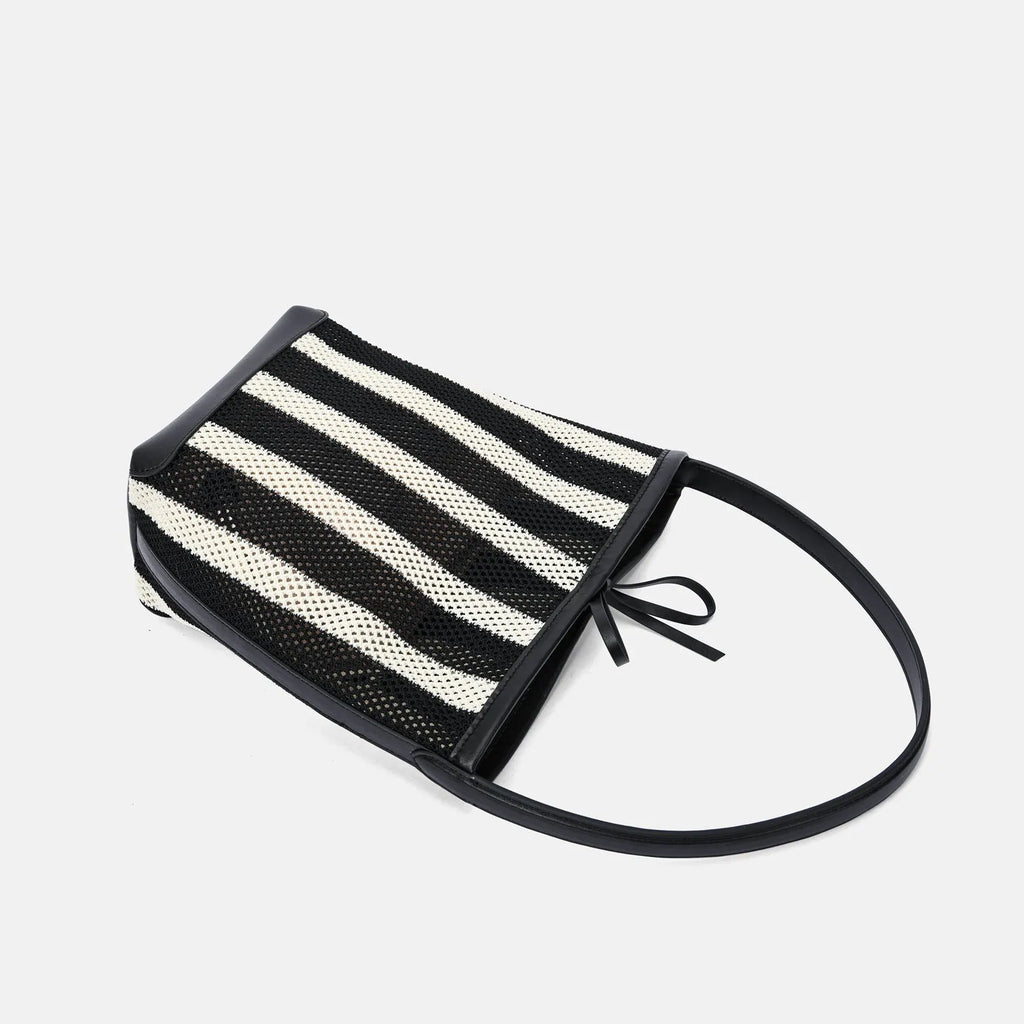 Black and white striped woven fabric women's shoulder bag with bucket-type design measuring 28x18x13cm