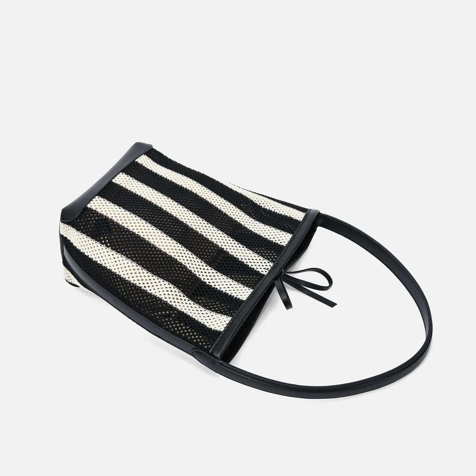 Black and white striped woven fabric women's shoulder bag with bucket-type design measuring 28x18x13cm