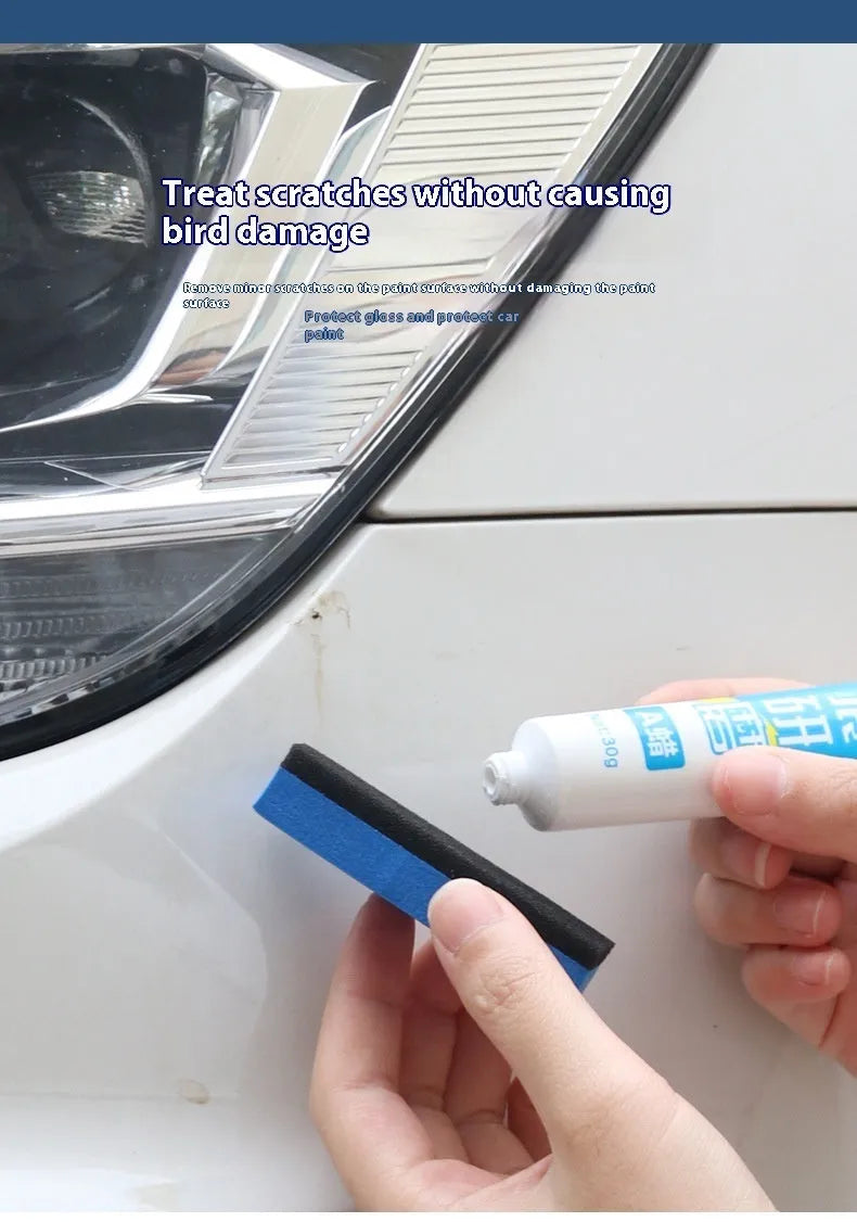 Car repair wax kit with bottles of 9657A and 9657B wax and a frosted sponge mop for scratch removal.