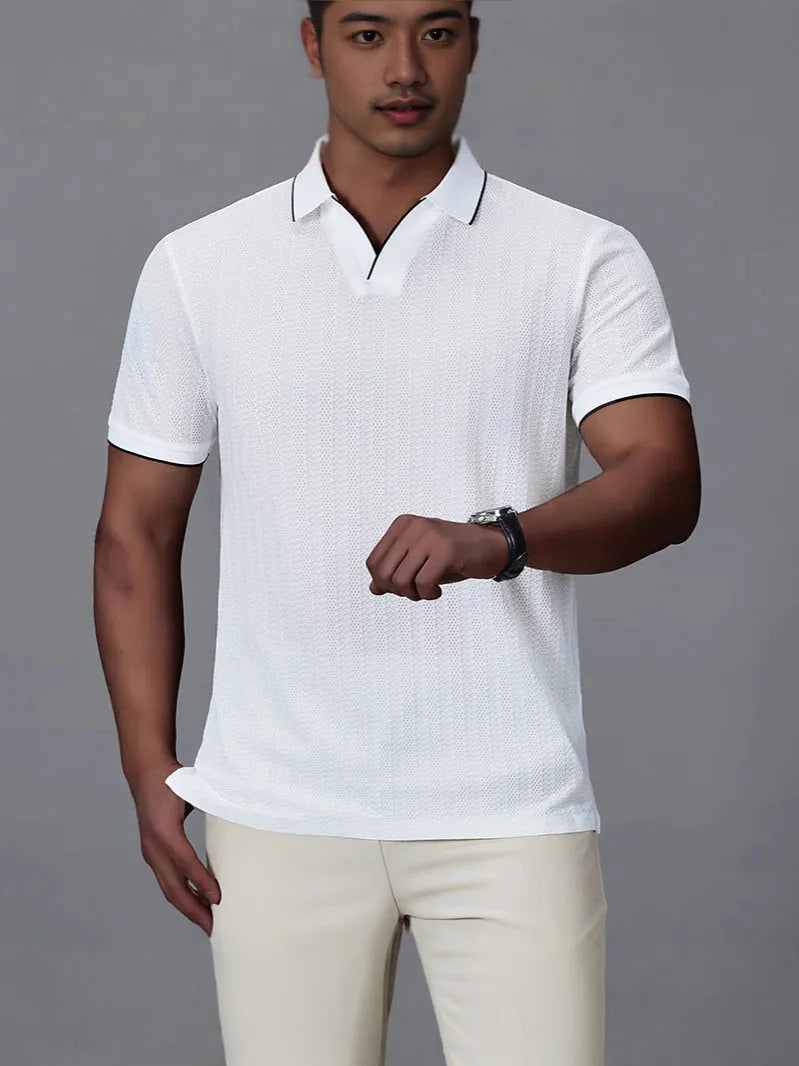 Men's light grey nylon polo shirt with short sleeves on hanger