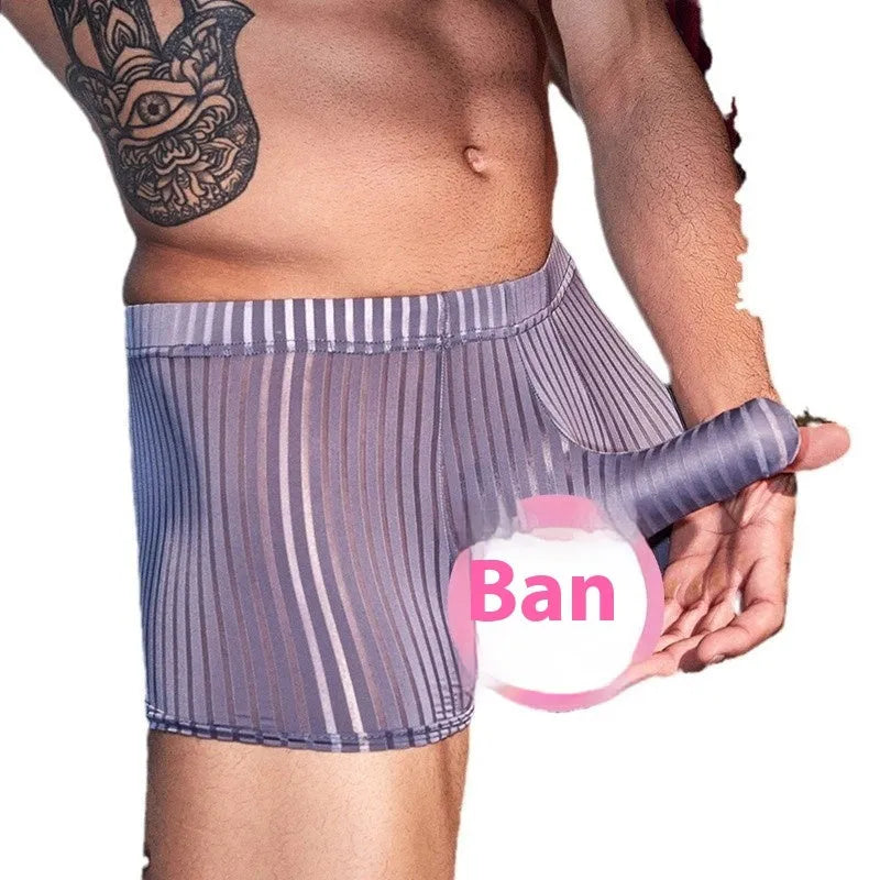 Men's black striped nylon boxer briefs laid flat, showing elastic waistband and vertical stitch detail.
