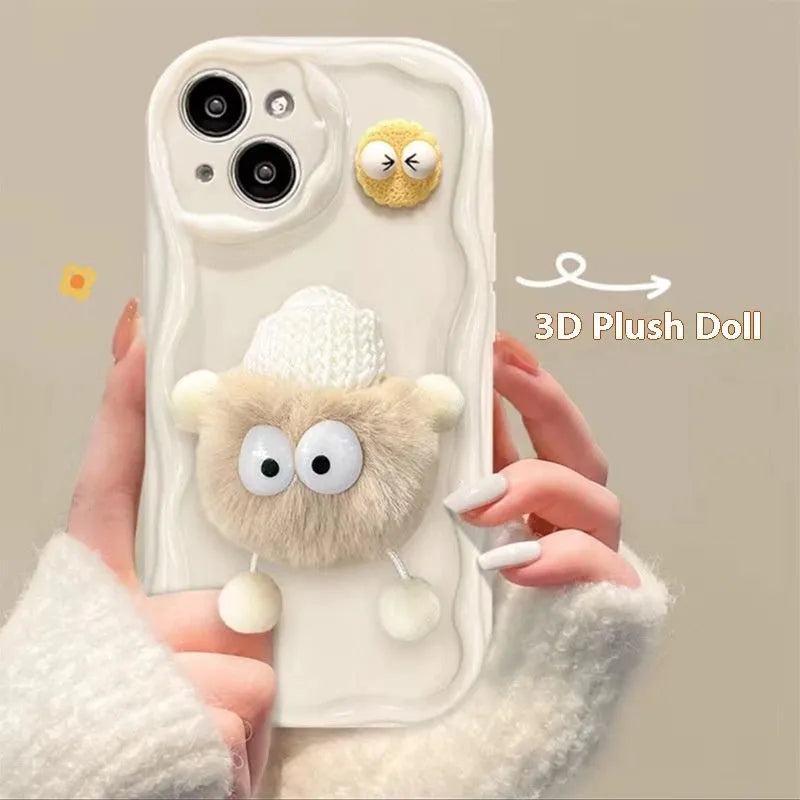 Cartoon cute plush hat doll phone case for iPhone in cream shell with beige or black, TPU hard case with fall protection.