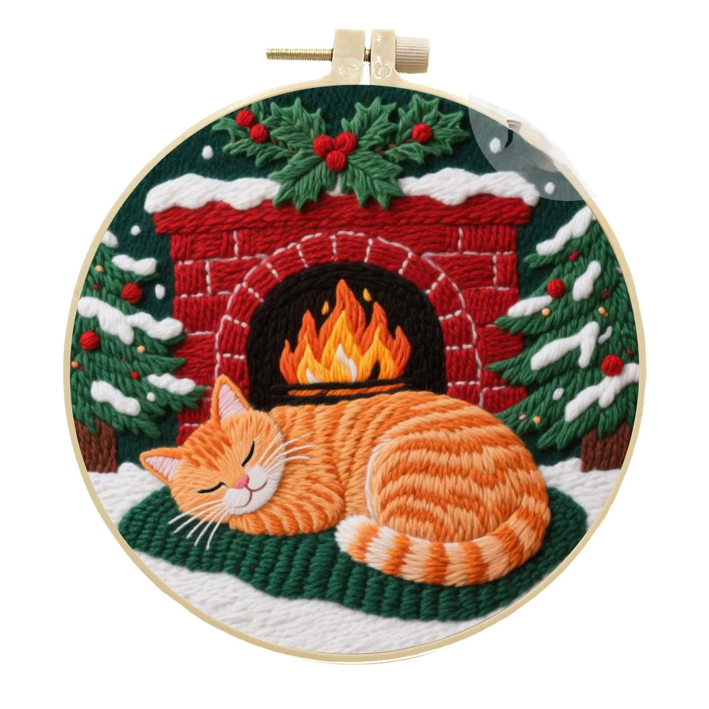 Cat embroidery DIY kit showing cotton linen fabric with autumn fruit pattern, a 20cm imitation bamboo hoop, and scissors.